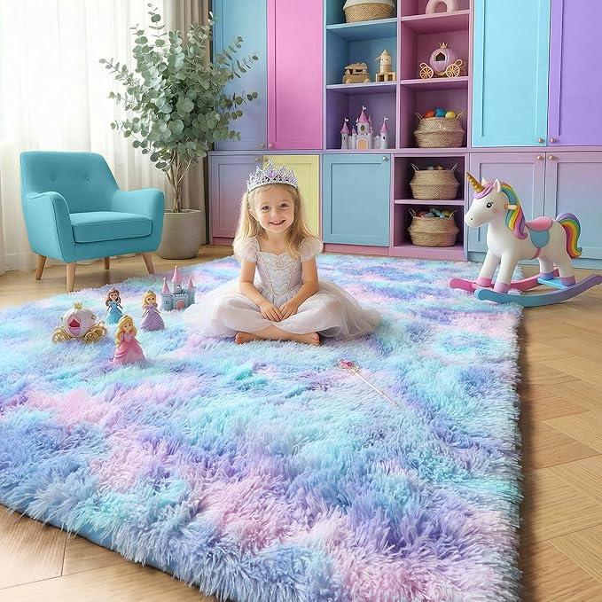 Amdrebio Purple Rainbow Mermaid Rugs 8x10 for Girls Bedroom Decor, Soft Plush Fluffy Kawaii Area Rugs for Kids Room Nursery Playroom Classroom, Large Cute Stitch Frozen Fuzzy Furry Baby Toddler Carpet