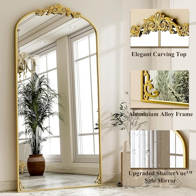 GLSLAND 77"x 38" Vintage Full Length Mirror - Large Carved Floor Mirror with Metal Frame Baroque Arched Full Body Mirrors for Bathroom/Living Room/Entryway,Gold