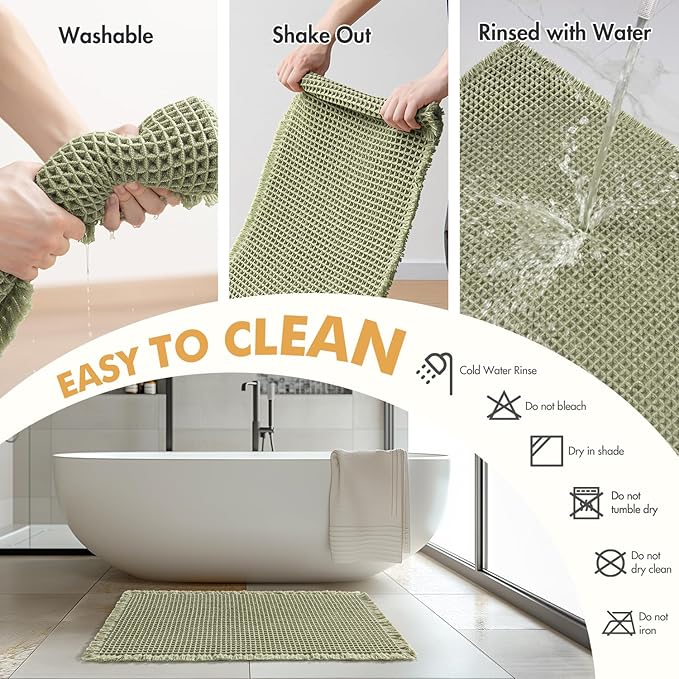 MIULEE Set of 2 Waffle Bathroom Rugs, Boho Bath Rugs Non Slip Washable, Super Absorbent Bath Mats, Ultra Soft Rubber Backed Shower Mats for Bathroom Floor, Tub and Shower, Sage Green, 18x30 Inch