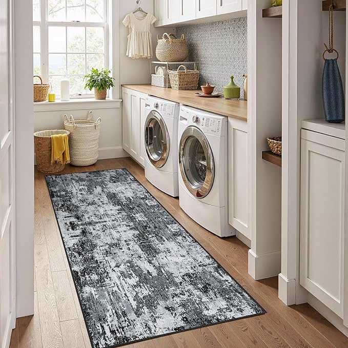 RELEANY Washable Area Rugs 2'x6' Non-Slip Modern Abstract Soft for Living Room Entryway Bedroom Nursery, Print Pattern, Black Navy Blue Gray