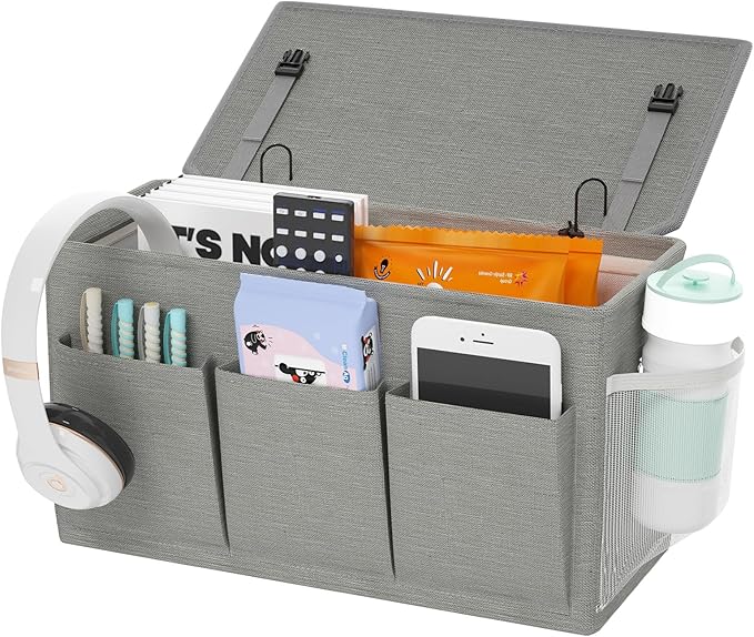 Edudif Dual-purpose Bedside Caddy Bedside Organizer, Bed Caddy with 6 Pockets, Versatile Bedside Storage Solution Magazine Remotes holder, ideal for Home, Dorm, Hospital, Crib Bed (Grey)