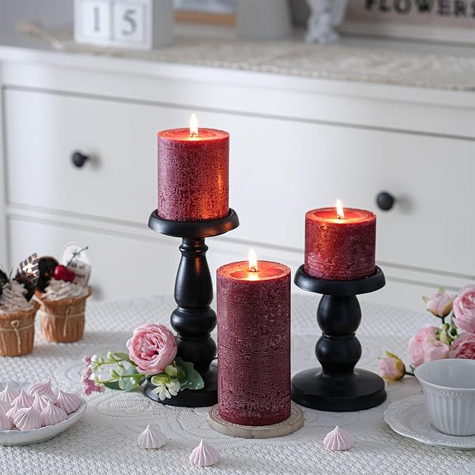 3x3 Inch Burgundy Pillar Candles Set of 3 - Hand-Poured Unscented Candles, Long Clean Burning, Dark Red Pillar Candle, Smokeless Dripless Candle for Dinner Table, Wedding, Home, Rustic Decor
