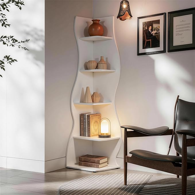 VECELO Wavy Corner Shelf, Decorative 5-Tier Storage Bookshelf, 70.1” Tall Freestanding Display Bookcase for Small Spaces, Living Room or Bedroom, White