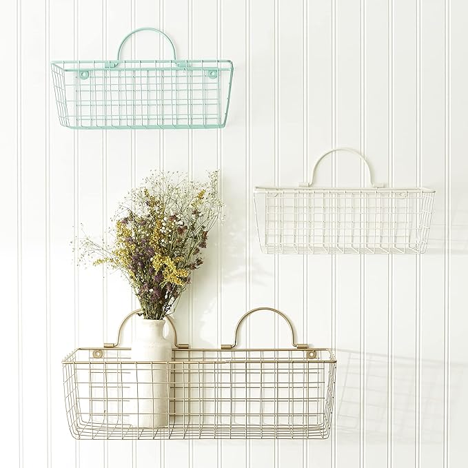 DII Farmhouse Vintage Decor, Wire Wall Basket, Medium, Aqua, 2 Piece
