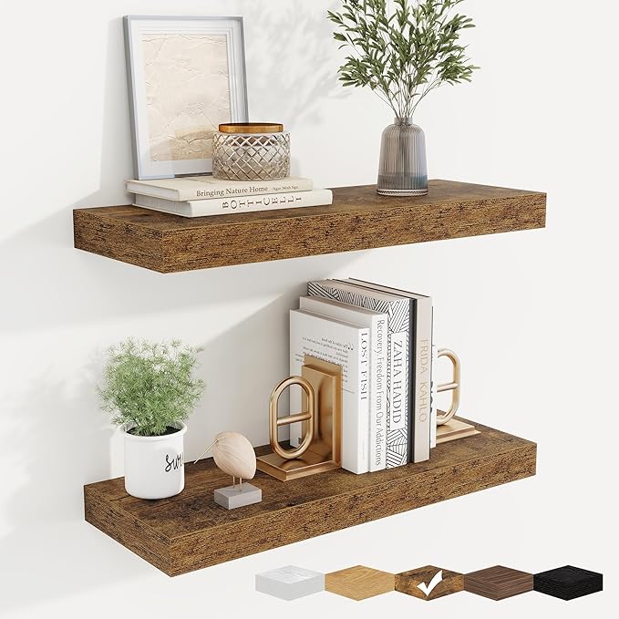fuqing Floating Shelves for Wall, Wall Mounted Wood Floating Shelf with Invisible Brackets for Living Room, Bathroom, Bedroom, Kitchen Storage and Decor, 20 Inch Set of 2, Rustic Brown