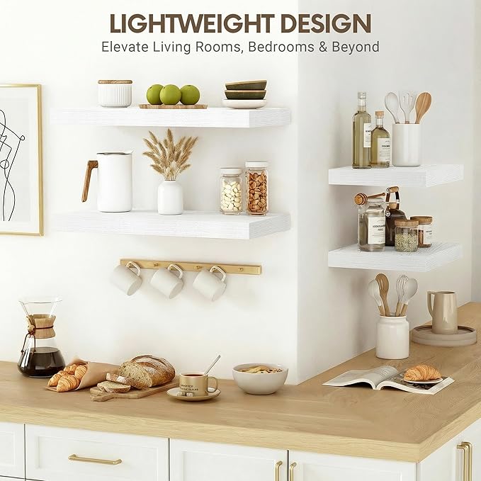 Vivelove 10 in Deep Floating Shelves for Wall, 16" x 10.2" x 1.5" Shelves for Room Wall Mounted, 1.5 Inch Thick Shelf for Bathroom Bedroom Kitchen Book Room, Modern Farmhouse Decor, Set of 2, White