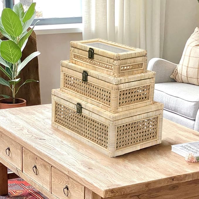 Boho Rattan Display Boxes with Glass Lids, 3 Pcs Large Natural Handwoven Cane Basket, Home Decor Organizers Storage Bins, Natural Finish Display Boxes