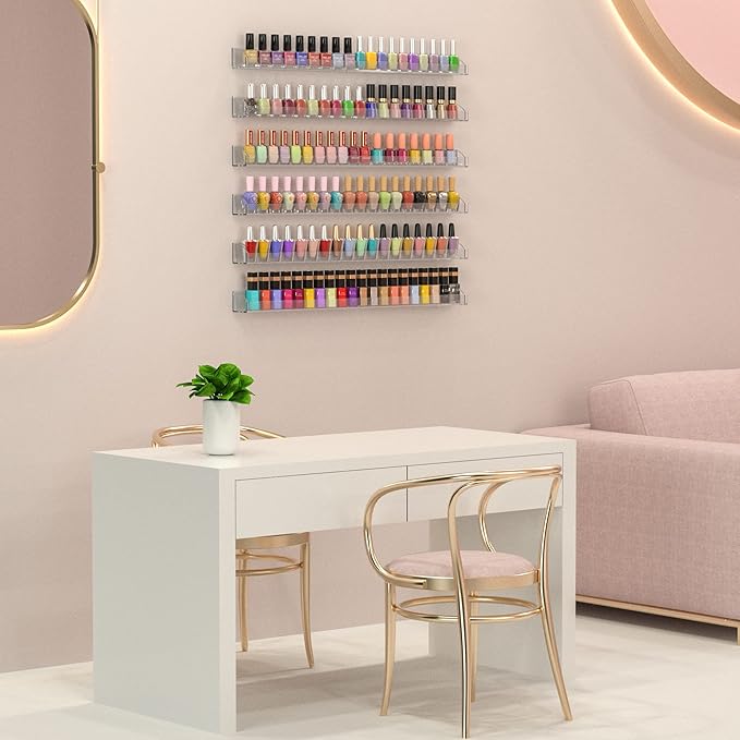 24 Inch Clear Nail Polish Wall Rack with Removable End Caps Set of 6, Acrylic Nail Polish Organizer Wall Mounted,Nail Polish Sorage Shelves for 150 Bottles (24 Inch)