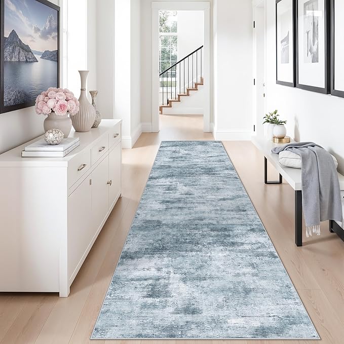 3x10 Ft Long Wide Hallway Runner Rug – Non-Slip Washable Wide Kitchen Runner, Low-Pile Thin Modern Abstract Floor Rug for Indoor Entryway, Bedroom, Living Room (Blue Grey)
