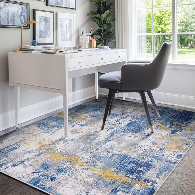 RELEANY Washable Area Rugs 4'x6' Non-Slip Modern Abstract Soft for Living Room Entryway Bedroom Nursery, Print Pattern, Grey Blue Gold/Golden