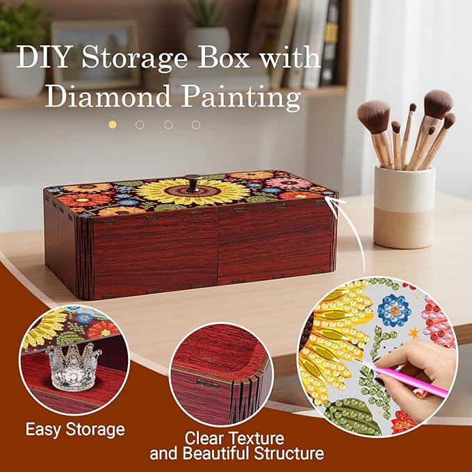 Diamond Art Painting Storage Box Kit, DIY Rectangular Wooden Decorative Container Holder with Lid, Snack Jewelry Gem Art Organizer Case for Adults (Sunflower)
