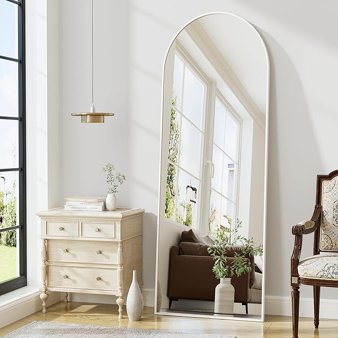 Arched Floor Mirror, 56"x20" Full Length Mirror, Standing Mirror Hanging or Leaning, Body Mirrors with Stand, Wall Mounted Mirror, Arched-Top Mirrors with Aluminum Frame for Bedroom (White)