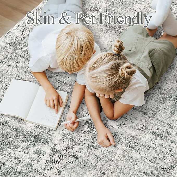 Soalmost 6x9 Abstract Area Rugs for Living Room 6 x 9 Washable Non Slip Low Pile Gray Rugs for Bedroom Dining Room Foldable Thin Gray White
