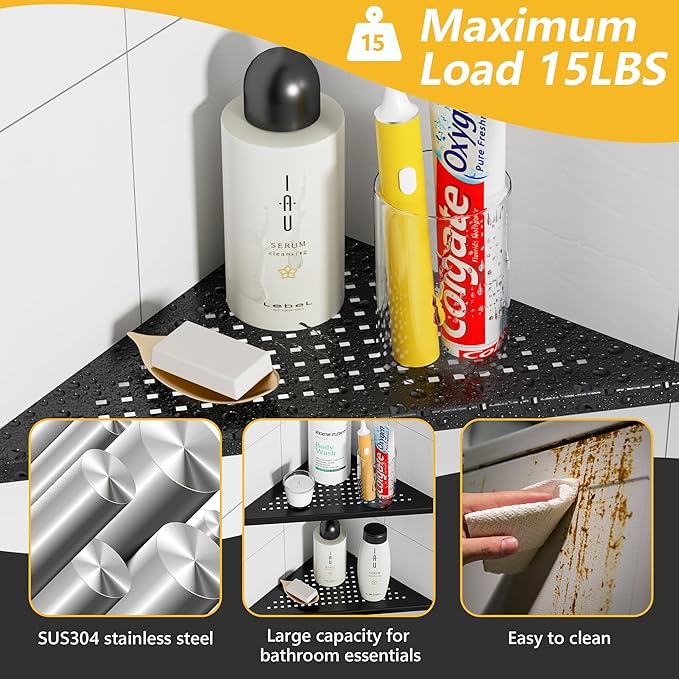 Neodrain 10 Inch Corner Matte Black Wall Shelf Set of 2, Floating Corner Shelves for Wall, 304 Stainless Steel Storage Shelves for Bathroom,No Drilling