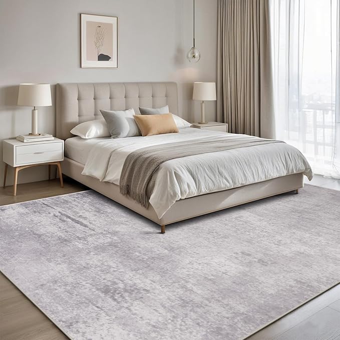 Srugn Washable Rugs 8x10 Area Rugs for Living Room,Modern Abstract Rugs for Bedroom,Large Carpets,Ultra Soft Faux Wool Retro Dining Room Rug,Non Slip&Non-Shedding Low Pile Print Rug- Grey
