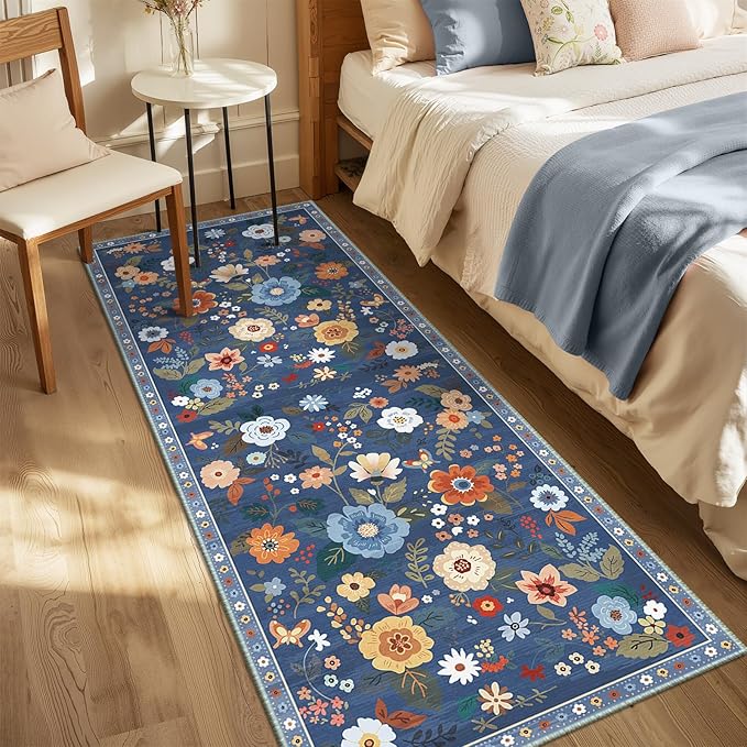 RELEANY Floral Nursery 2x8 Area Rugs Washable Print Boho Cute Carpet Non Slip Flower Low Pile for Living Room Kids Girls Playroom Bedroom Kitchen Office Farmhouse-Blue/Grey