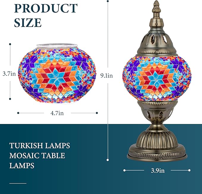 Marrakech Stained Glass Lamp Moroccan Lamps with Tiffany Style, Handmade Turkish Mosaic Lamps with Bronze Base Including LED Bulb for Living Room Bedroom Decor (Colorful2)