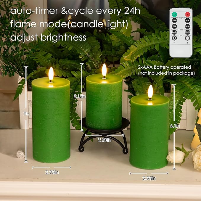 LUSHARBOR LUSHABOR Green Flameless Candles, Battery Operated Candles for St. Patrick’s Day, Real Wax LED Fake Candles for Spring Decor Party Centerpiece Green Set of 3