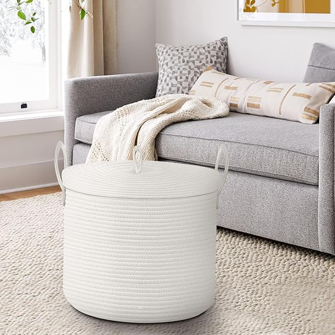 18" X 18" X 14" Extra Large White Basket with Lid, Woven Cotton Rope Basket for Blankets for Living Room, Kids Toy Storage Bin, Wicker Bathroom Towel Storage, All White Bins for Organizing