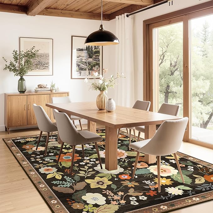 RELEANY Floral Nursery 5x7 Area Rugs Washable Print Boho Cute Carpet Non Slip Flower Low Pile for Living Room Kids Girls Playroom Bedroom Kitchen Office Farmhouse-Black/Yellow/Red