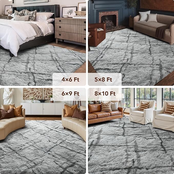 FinRèc Area Rugs for Bedroom Living Room, 4x6 Feet Fluffy Shaggy Rug, Non-Slip Soft Shag Rug for Nursery Kids Room Dorm Room Home Decor, Indoor Plush Floor Carpet Star Grey