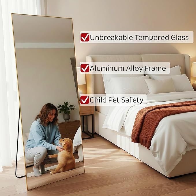 56"x21"Full Length Mirror, Rectangle Floor Mirrors with Aluminum Alloy Frame,Wall Mountable Tempered Glass Full Body Mirror for Wall Entryway Door Bedroom Bathroom Living Room,Gold