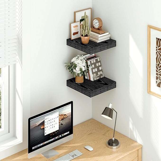 Vivelove Black Floating Shelves 12 Inches Wide, 12" Deep Wall Shelves for Bedroom, Bathroom, Living Room, Kitchen, Office, Rustic Home Decor Shelf with Invisible Brackets, 12" X 12" X 1.5", Set of 2