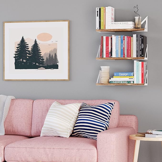 Wallniture Minori Wood Floating Shelves for Wall Storage, Wall Book Shelves for Living Room Decor, Geometric Triangle Shelf Set of 3, Burned Finish