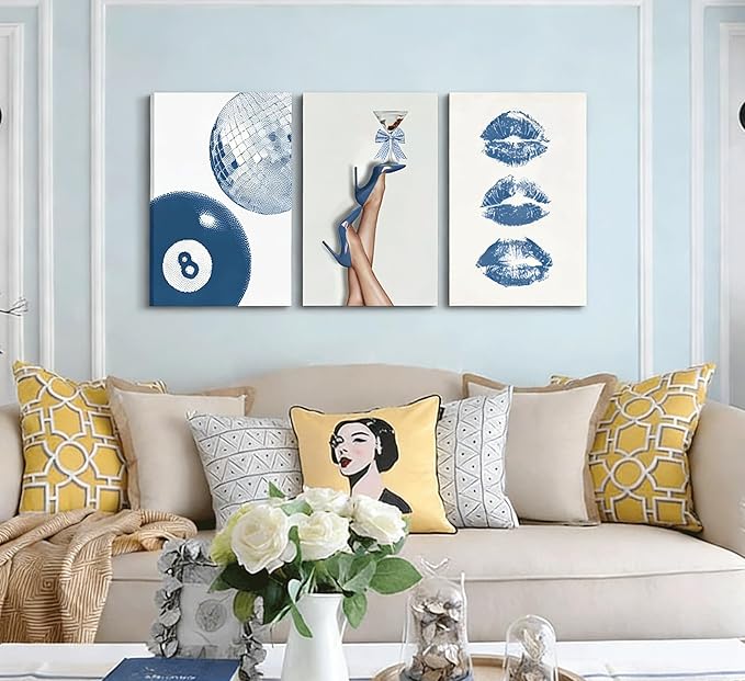 3Pcs BlueTrendy Aesthetic Canvas Wall Art,Fashion High-Heeled Shoe Lucky 8 Ball Lip Picture Poster Prints Y2K Stylish Wall Decor,For Girls' Bedroom Dorm Apartment Wall Decor 12x16in Framed