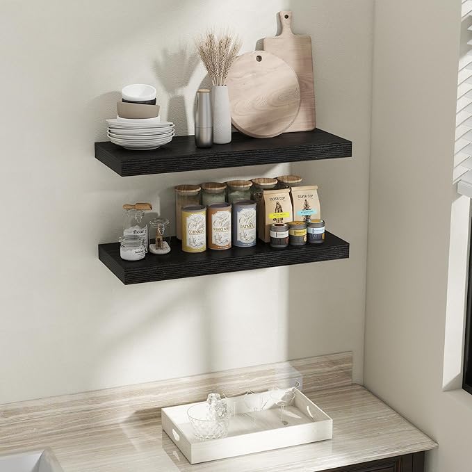 Fun Memories 32 Inch Black Floating Shelves for Wall, 12 Inch Deep Shelves for Bathroom|Kitchen|Bedroom, Wall Mounted Rustic Wood Floating Shelf with Invisible Brackets for Books|Storage|Decor, 2 Pack