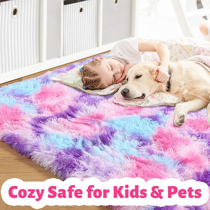Amdrebio Hot Pink Rainbow Area Rug for Girls Room 5x7, Soft Fluffy Cute Fuzzy Colorful Kids Rugs for Bedroom Nursery Playroom Classroom, Shaggy Floor Princess Carpet for Baby Toddler Teen, Home Decor