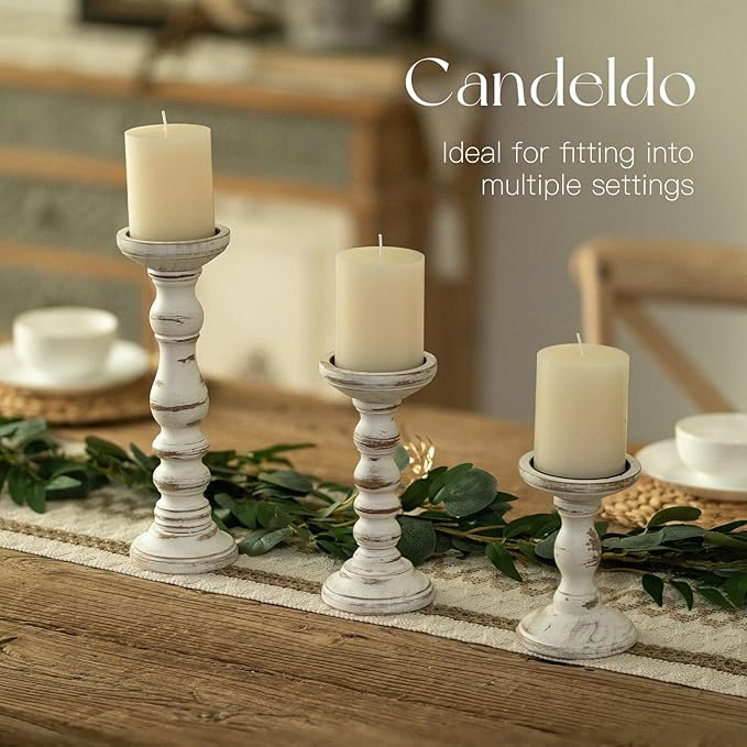 Candeldo Wood Candle Holders for Pillar: Rustic Candles Holder Set of 3 Tall Table Centerpiece Decor Wooden White Farmhouse Decorations for Fireplace Mantle