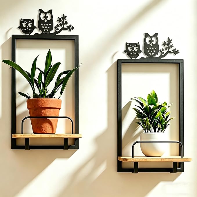 Shineled Wall Planter for Indoor Plants 2 Pack, Wall Mounted Plant Holder for Small Plants, Floating Wall Shelf for Plants, Real Oak Wood, Magnetic Animal Decor, Home Wall Decor (OWL)