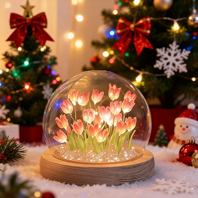 LOGAZOO (20 Flower) Birthday Gifts for Mom, Tulip Lamp Night Light with Glass Dome,Handmade Artificial Flower Table Lamp Bedroom Desk Decoration for Women Daughter Girlfriend Christmas Holiday Gift