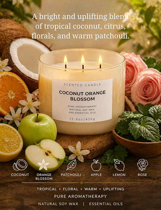 Coconut Orange Blossom 3-Wick Soy Candle | 15.8 oz Large Scented Candle for Home | Clean Burn Long Lasting | Creamy Floral Citrus Scent | Gift Ready
