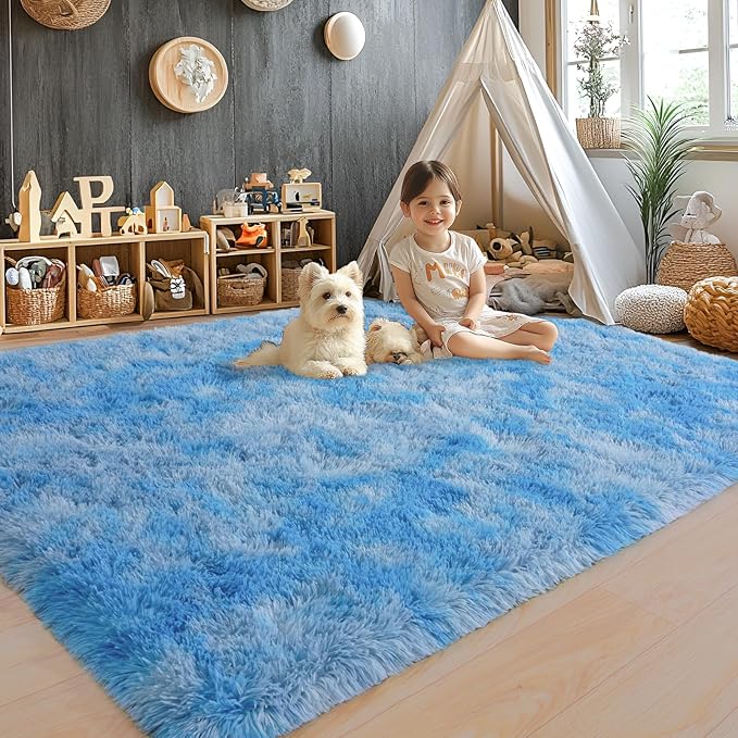 Area Rugs 9x12 for Living Room, Ultra Soft Fluffy Rugs for Bedroom, Non-Slip Furry Large Rug for Teen Girls and Boys,Nursery Kids Room Dorm Home Decor, High Pile Plush Floor Carpet, Tie-Dye Blue