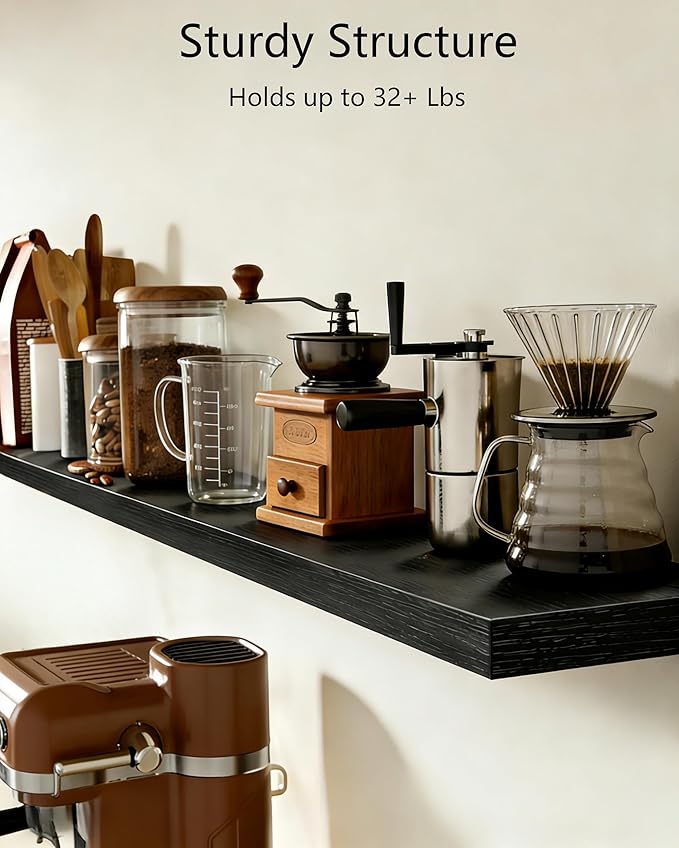 Vervida® Black Floating Shelves, 47.2 in W x 9.3 in D Wall Mounted Wood Shelves with Invisible Brackets Set of 3, Hanging Wall Shelves Decoration for Bedroom, Bathroom, Living Room and Kitchen
