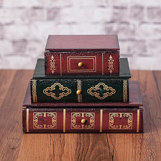 POWER UNICO FLOWER Vintage Decorative Organizer Wooden False Book Storage Box Jewelry Box with Three-layer Drawers (312)