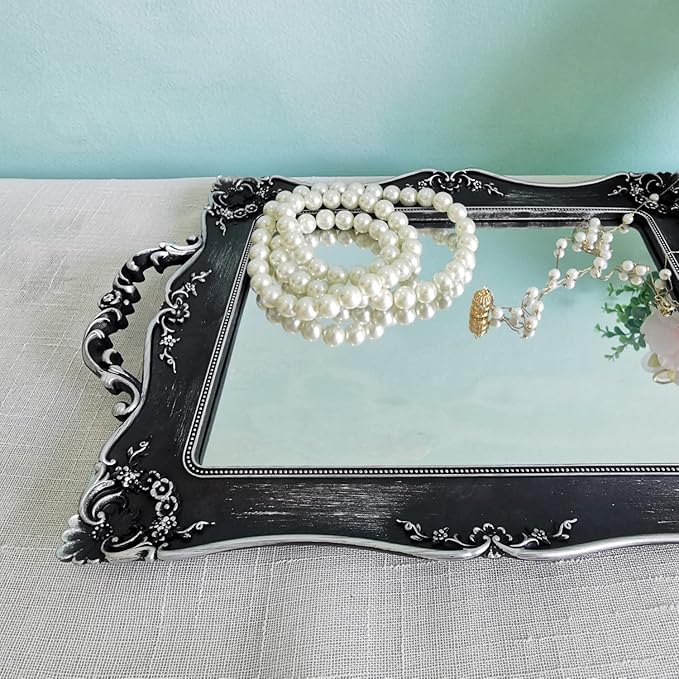 Rectangle Decorative Mirror Tray, French Style, Makeup Organizer, Jewelry Organizer, Serving Tray, 9.5"x 14.9", Silver Black
