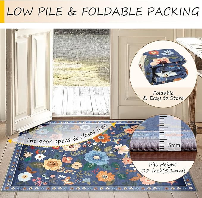 RELEANY Floral Nursery Square 6ft Area Rugs Washable Print Boho Cute Carpet Non Slip Flower Low Pile for Living Room Kids Girls Playroom Bedroom Kitchen Office Farmhouse-Blue/Grey