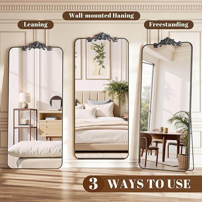 Vintage Full Length Mirror, 76"x34" Floor Mirror with Carved, Full Body Mirrors for Home Decor, Standing/Hanging Large Wall Mirrors for Bedroom/Living Room/Entryway, Black, Retro Style