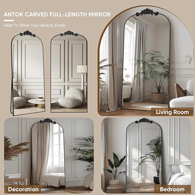 Antok Arched Full Length Mirror, 71"x28" Floor Mirror with Carved, Full Body Mirrors for HomeDecor, Standing/Halling Large Wall Mirror for Bedroom, Living Room, Cloakroom, Black, Retro Style