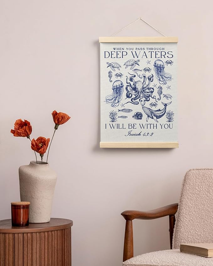 FGFK Vintage Navy Blue Christian Ocean Wall Art Poster Hanger Frame, Coastal Beach Isaiah 43:2 Bible Verse Religious Canvas Prints Framed Wall Decor for Home Office, 12x16 Inch