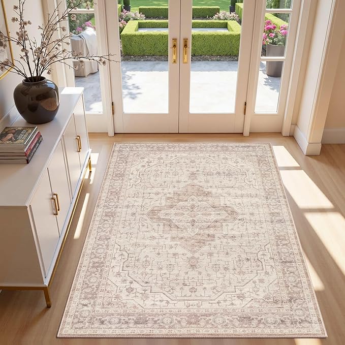 Rugxara 3x5 Washable Entryway Rug, Non Slip Boho Runner Rugs for Hallway, Entrance, Kitchen, Bathroom, Laundry Room, Soft Entryway Carpet, Throw Low Pile Retro Imitation Wool Carpet, Pink
