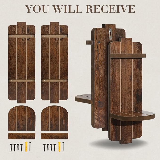 Rustic Candle Holder Set of 2 – Vintage Brown Wooden Wall Sconces for Fireplace, Bedroom & Living Room – Farmhouse Wall Decor with Candle Shelf for Home, Aisle, Hallway