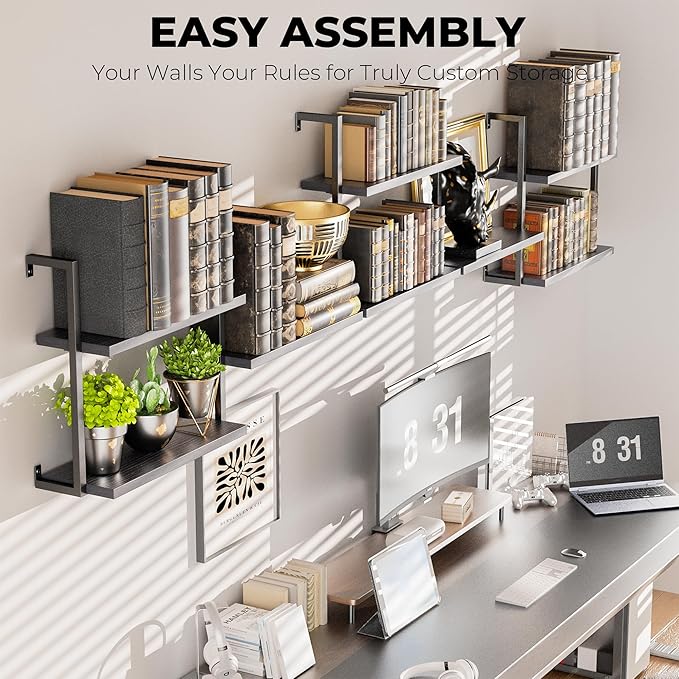 Wall Mounted Bookshelves, 80″ Floating Shelves for Wall, 8-Tier Wooden Hanging Bookshelf, Easy Installation Book Organizer for Home Office, Living Room, and Bedroom