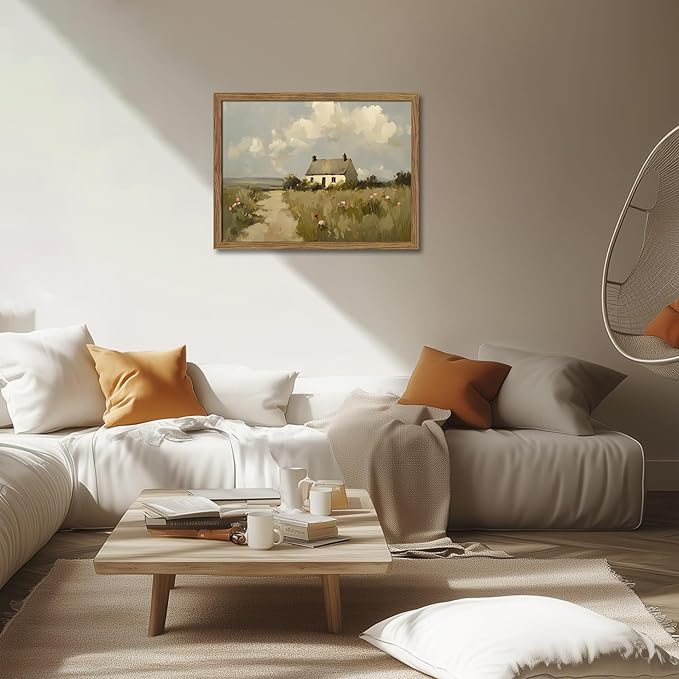 Vintage Wall Art, Framed English Countryside Cottage Painting Print, Country Farmhouse Canvas Wall Art, Rustic Landscape Pictures Artwork Wall Decor for Bedroom Living Room – 12x16 inch