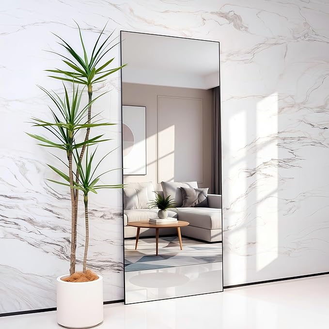 Full Length Mirror 71"x30"Rectangle with Stand Aluminum Alloy Frame Wall Mountable Tempered Glass Full Body Mirror, Standing Hanging or Leaning Against Wall for Bedroom and Living Room Black