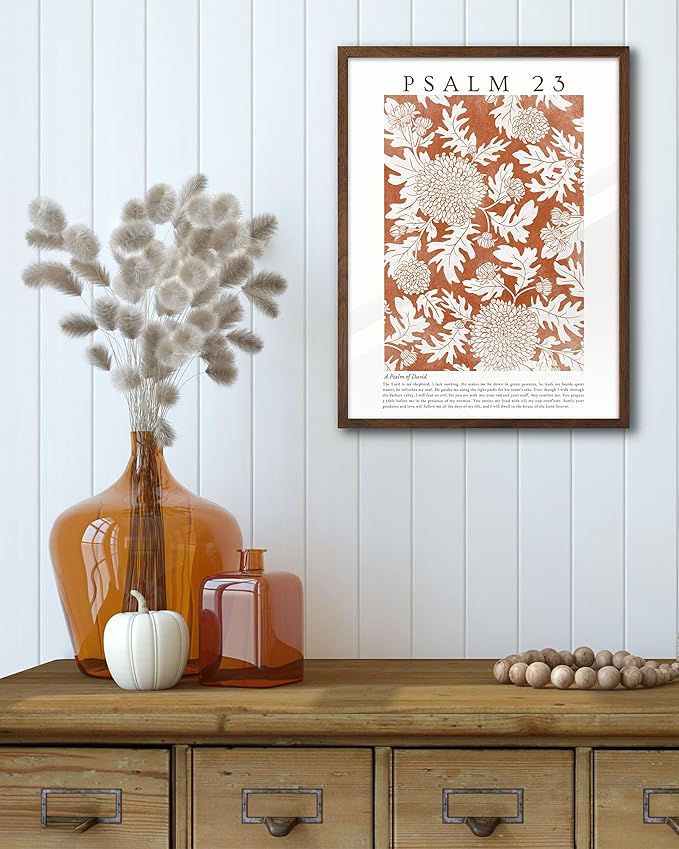 EcoHest Christian Bible Verse Framed Wall Art, 12x16 in Walnut Color OAK Wood A Psalm of David Canvas Wall Art, Psalm 23 Orange Faith Home Decor, Thanksgiving Scripture 1Pack for Bedroom Living Room