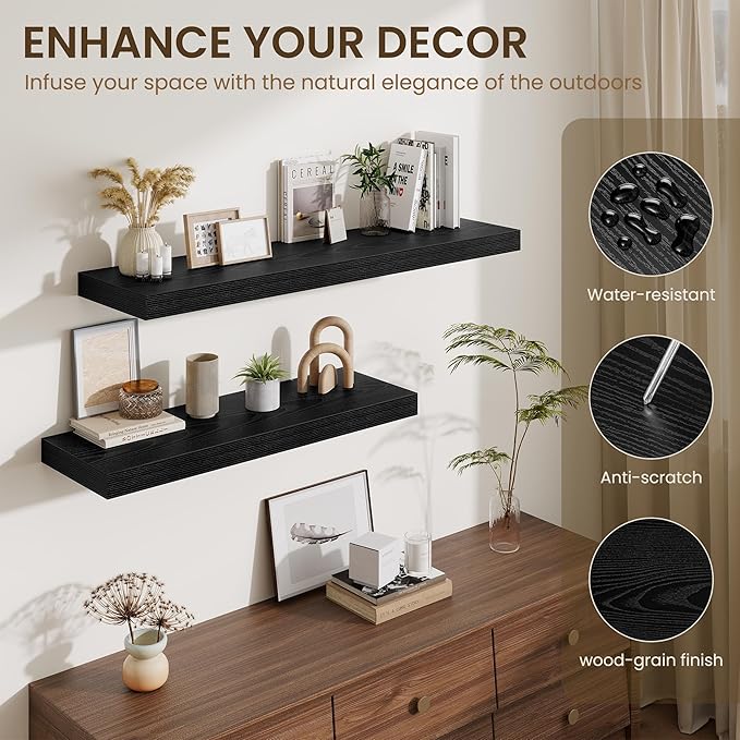 Fun Memories 12" Deep Floating Shelves for Wall, 36" W x 12" D Floating Shelves, Long Wood Floating Wall Shelf for Living Room Bathroom Bedroom Kitchen, Black, Set of 2